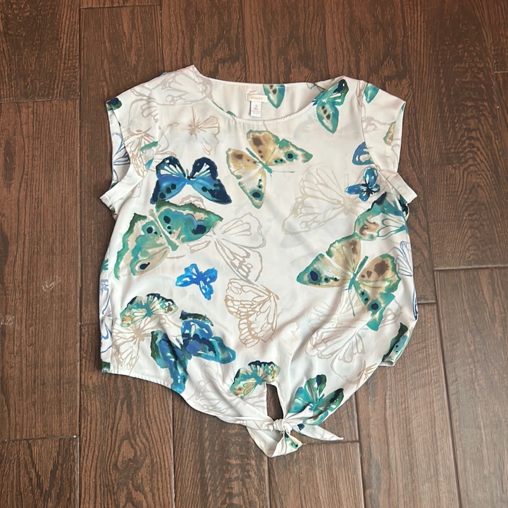 White multicolor top with tie at bottom
